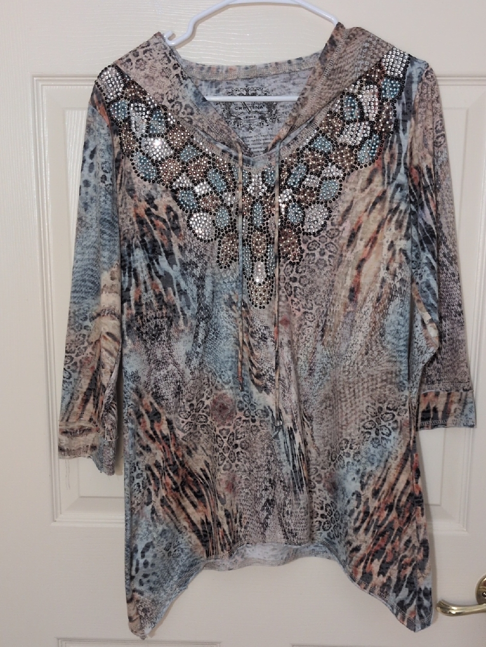 Christina Shiny Embellished Animal-Print Hooded Tunic - Blue, Tan, Black, Size L